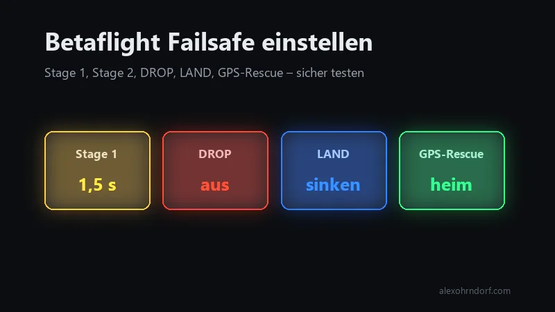 FPV-Quad ohne Propeller vor dem Betaflight-OSD mit RXLOSS und !FS!