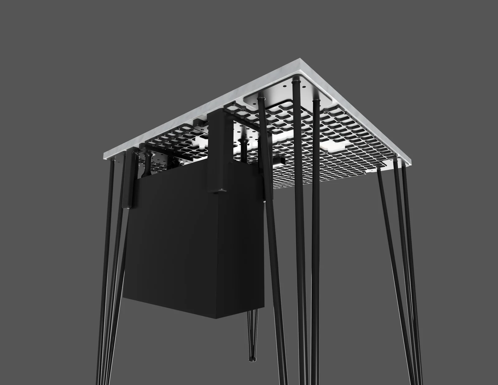 Render des Schreibtisch-Untergestells mit Tower-Befestigung und OpenGrid